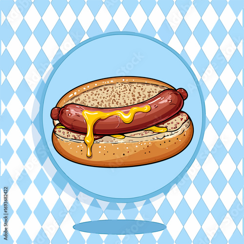 From the series "oktoberfest", Grilled sausage in bun with mustard on a traditional Bavarian pattern of blue diamonds	