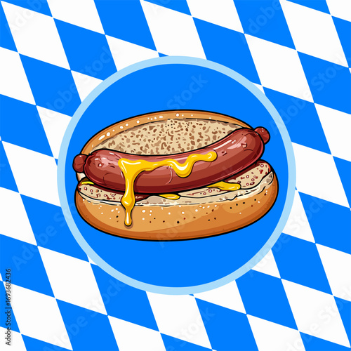 From the series "oktoberfest", Grilled sausage in bun with mustard on a traditional Bavarian pattern of blue diamonds	