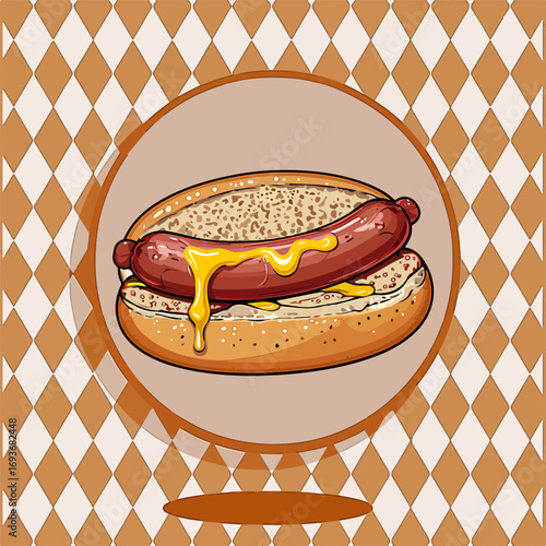 From the series "oktoberfest", Grilled sausage in bun with mustard on a traditional Bavarian pattern of brown diamonds	
