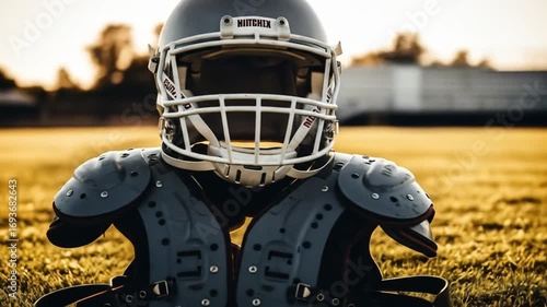 Football gear displayed on a sunny field, showcasing protective equipment against a blurred stadium backdrop