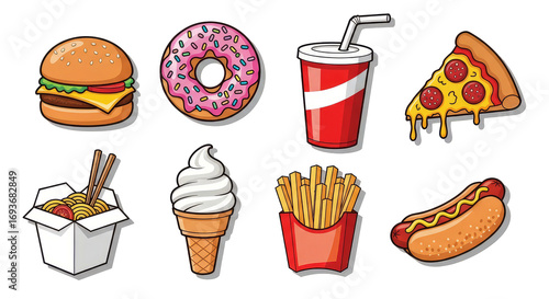 Cartoon fast food icons vector illustration burger pizza donut soda fries hotdog ice cream noodles , isolated on transparent background