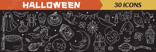 Halloween icon set with bat ghost moon line art witchcraft vector magic pot pumpkin outline
