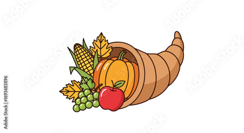 Obraz na płótnie A colorful cartoon cornucopia, the horn of plenty, filled with autumn harvest produce