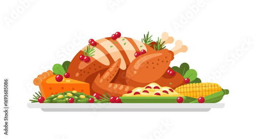 Traditional Roasted Turkey Dinner with Cranberries, Pie, Corn, and Green Beans.