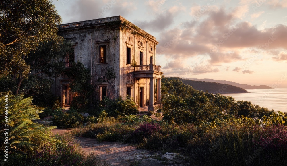 Fototapeta premium Abandoned mansion overlooking sea at dawn