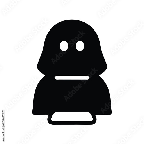 Stylized hooded figure with minimal facial features and a conveyor belt beneath