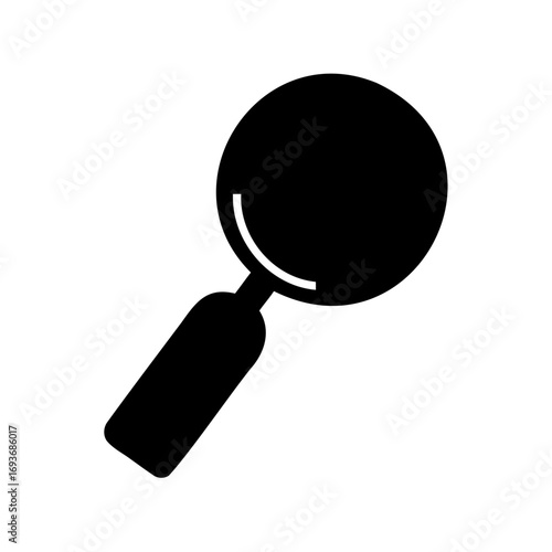 A simple black magnifying glass graphic representation on a white background