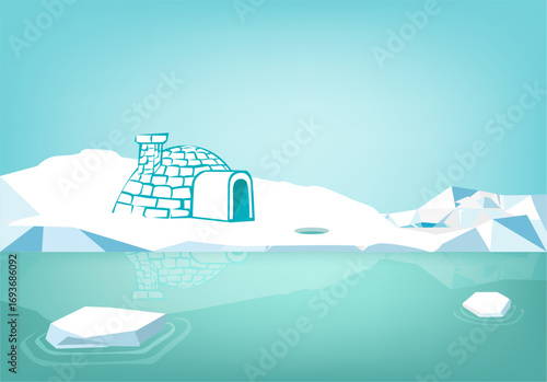 Eskimo Igloo Home and icebergs. Vector Illustrator EPS10. Editable Clip Art.
