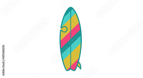 Colorful striped surfboard illustration with a single fin standing vertically.