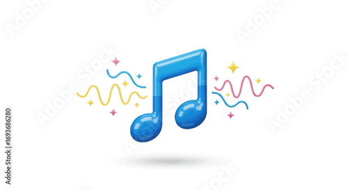 Foto Shiny Blue Musical Note with Colorful Sound Waves.