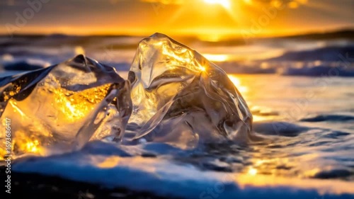 Golden hour ice crystals at black sand beach, abstract glacial ice landscape at diamond beach