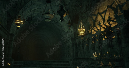 Intricate stone architecture fills the cavern, illuminated by decorative light fixtures casting intricate shadows, creating a mysterious atmosphere in the dimly lit space.