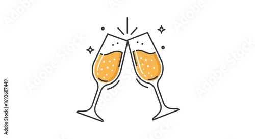 Two Champagne Flutes Clinking in a Celebratory Toast, Simple Line Art.
