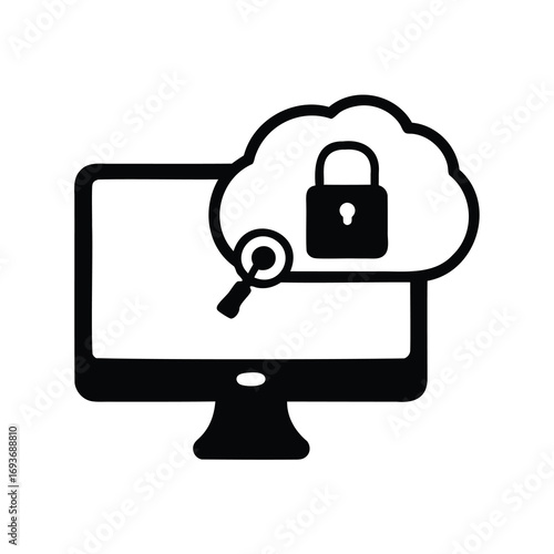 Secure cloud service on a computer with a magnifying glass showing safety