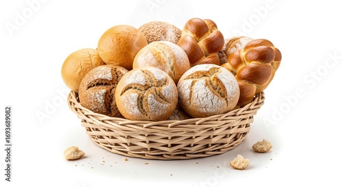 Wallpaper Mural A woven basket filled with an assortment of freshly baked bread rolls including braided loaves and flour-dusted buns on a white background with crumbs Torontodigital.ca