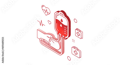 Blood Donation Illustration - Arm Connected to Blood Bag with Medical Symbols.