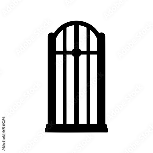 A stark silhouette of a prison gate, evoking confinement and restriction