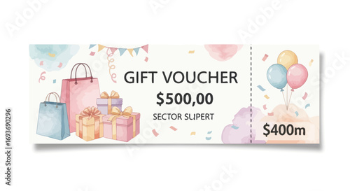 Watercolor Gift Voucher with Shopping Bags, Balloons, and Presents.