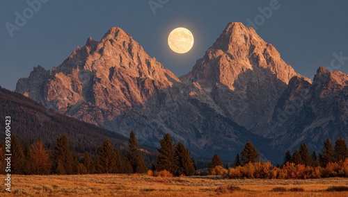 Majestic mountains bathed in golden light, with a full moon in the sky
