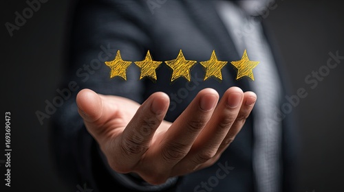 Businessman's hand holding four gold stars