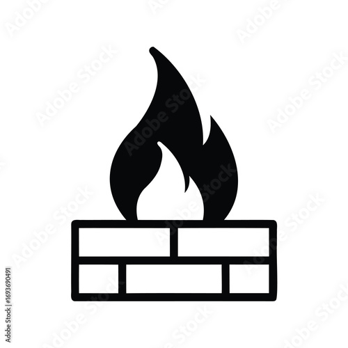 Fire burning on a brick wall in simple black and white style