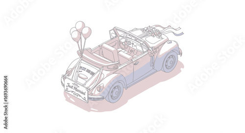 Isometric Illustration of a Vintage Convertible Car with Balloons.