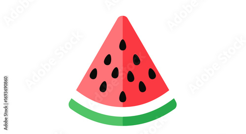 A stylized flat design icon of a triangular red watermelon slice with black seeds and a green rind.