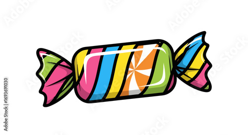 Foto Colorful Striped Candy with Swirl Design in Wrapper.