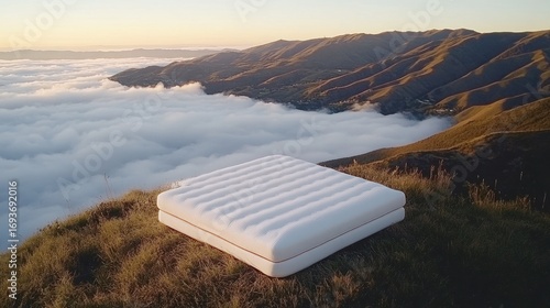Serene mountain escape with a mattress overlooking clouds and rolling hills at dawn