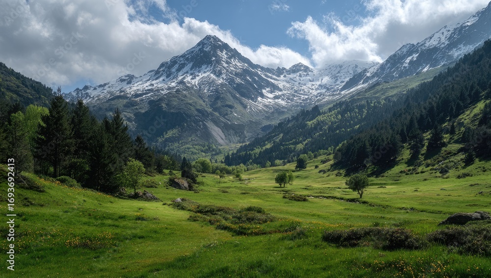 Fototapeta premium Mountain valley scene with lush greenery and snow-capped peak
