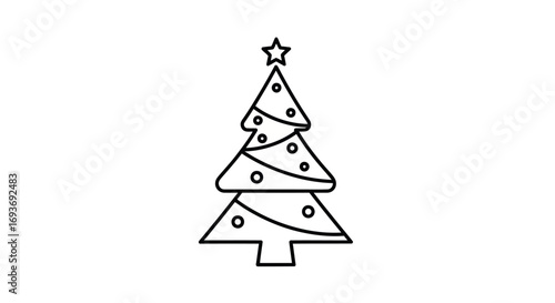 Simple line art icon of a decorated Christmas tree with a star on top.