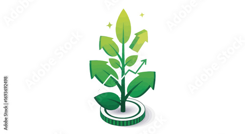 Growing Green Plant with Upward Arrows and Coin Base.