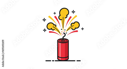 Cartoon red firecracker with a lit fuse exploding with colorful sparks and smoke.