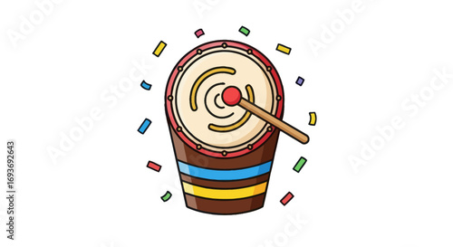 Colorful Cartoon Djembe Drum with Stick and Confetti.