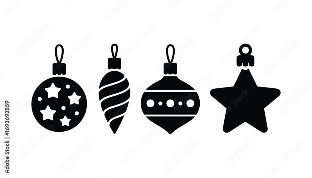 Obraz premium Set of four black silhouette Christmas ornaments including star, bauble, swirl, and festive decoration icons isolated on white background