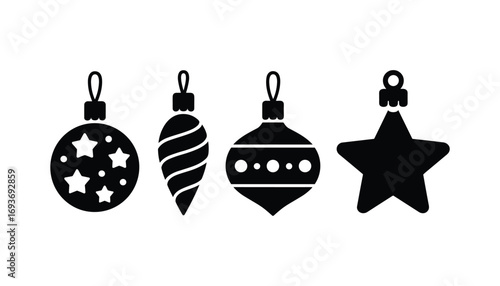 Set of four black silhouette Christmas ornaments including star, bauble, swirl, and festive decoration icons isolated on white background