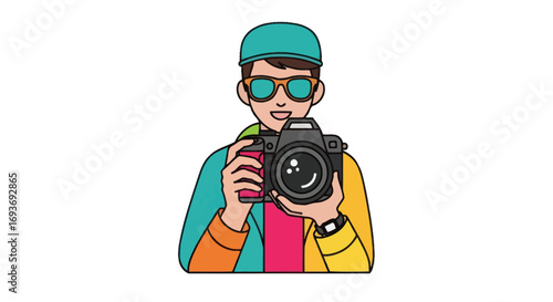 Colorful illustration of a male photographer wearing a cap and sunglasses, holding a DSLR camera.