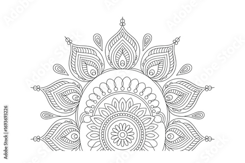 Intricate Half Mandala Design: Black and White Line Art for Coloring Books, Relaxing Activities, and Creative Projects, Floral and Geometric Patterns