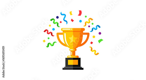 Golden Trophy with Colorful Confetti Celebration.