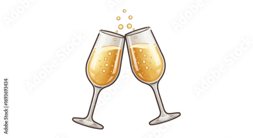 Two Champagne Flutes Clinking with Bubbles and Golden Liquid.