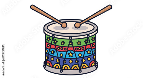 Colorful Cartoon Drum with Wooden Sticks.
