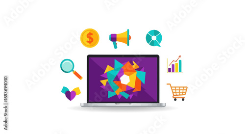 Digital marketing concept with laptop and icons.