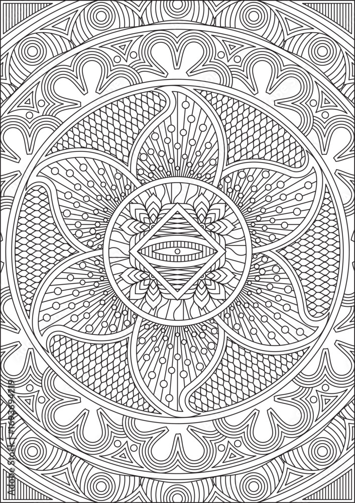 Fototapeta premium Relaxation flower mandala coloring page for adult line art hand drawn printable vector