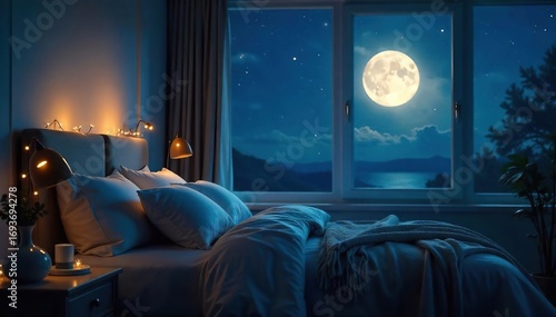 Serene night scene with soft, diffused moonlight illuminating a tranquil bedroom, featuring a plush bed with pillows and blankets, suggesting peaceful sleep , fabric, bed
