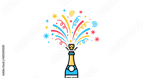 Colorful Champagne Bottle Popping with Festive Confetti Explosion Illustration.