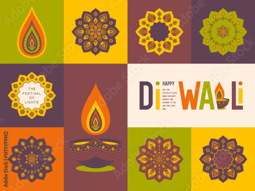 Colorful Diwali traditional design with diya lamp, rangoli mandala and festive grid pattern. Vibrant decorative background for Festival of Lights celebration. Vector illustration.