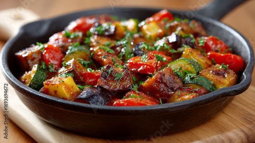 Colorful ratatouille in a skillet with fresh herbs.