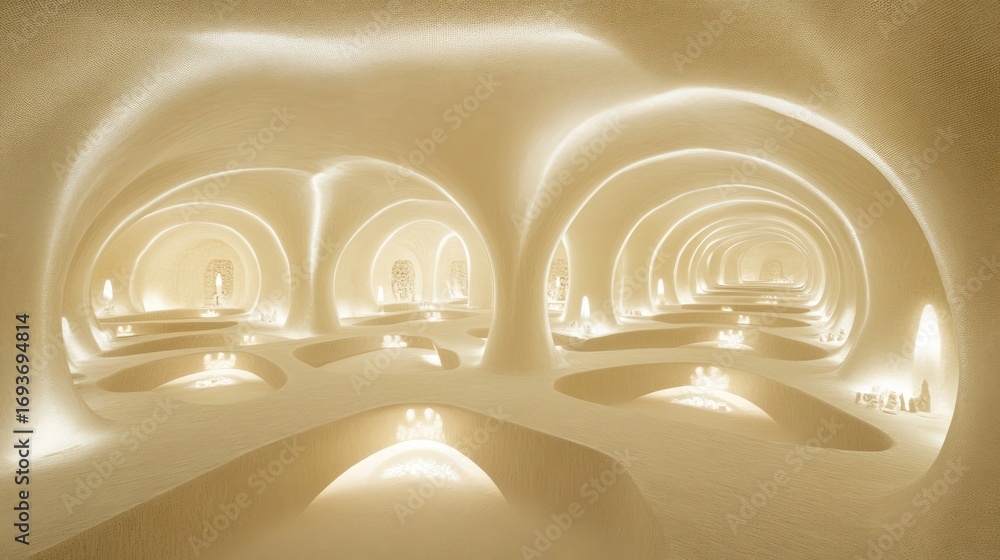 Obraz premium Surreal subterranean architecture featuring organic shapes and luminous accents, suggesting a