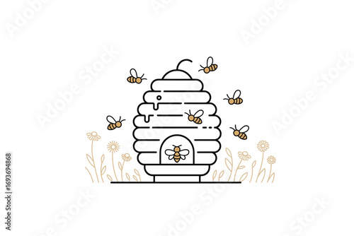 Whimsical Beehive Illustration with Bees and Flowers, Ideal for Spring Themes and Honey Products. Minimalist Line Art Design with Warm Tones.