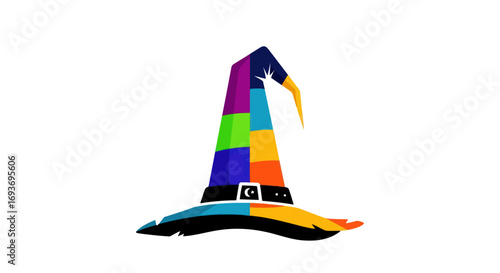 Colorful Patchwork Wizard Hat with Curved Brim.